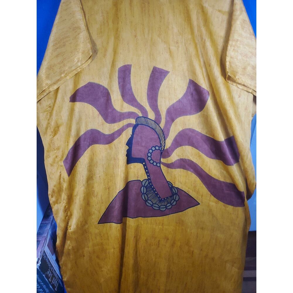 Vintage African Essence Kaftan Dress Womens One Size Yellow Afrocentric Graphic - Picture 12 of 14
